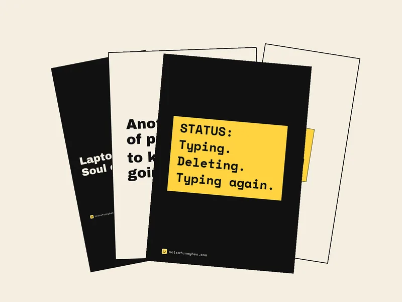 A stack of cards, posters and a wallpaper, including a yellow STATUS label design.